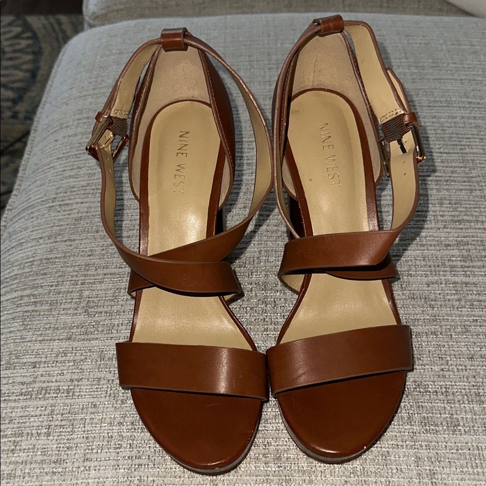 Nine West Brown Leather Strappy Block Heel Sandals